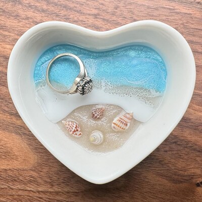 Blue Water Personalized Ring Dish, Beach Ceramic Heart Dish for Wedding Anniversary Gift for Engagement Gift from Realtor Side Table Decor - image9